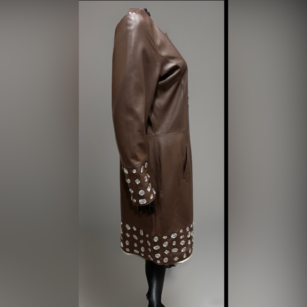 Boston Proper Brown Leather Embellished Long Coat Jacket Sz M Unique - Picture 2 of 10
